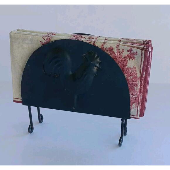 Farmhouse Imprinted Rooster Primitive Metal Napkin Holder w/Toile Napkins - Picture 4 of 16